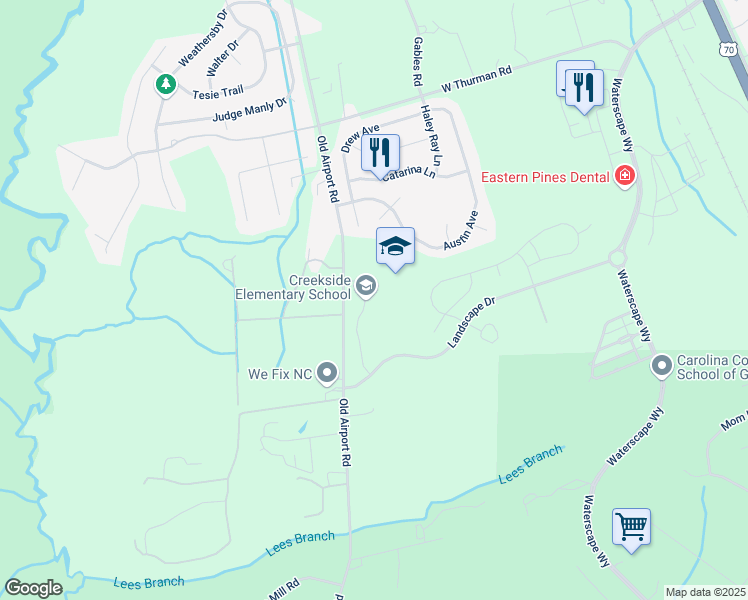 map of restaurants, bars, coffee shops, grocery stores, and more near 2790 Landscape Drive in New Bern