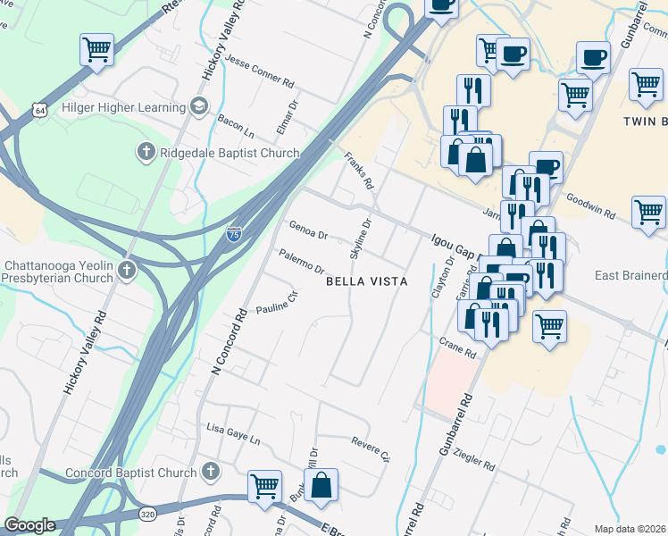 map of restaurants, bars, coffee shops, grocery stores, and more near 7018 Palermo Drive in Chattanooga