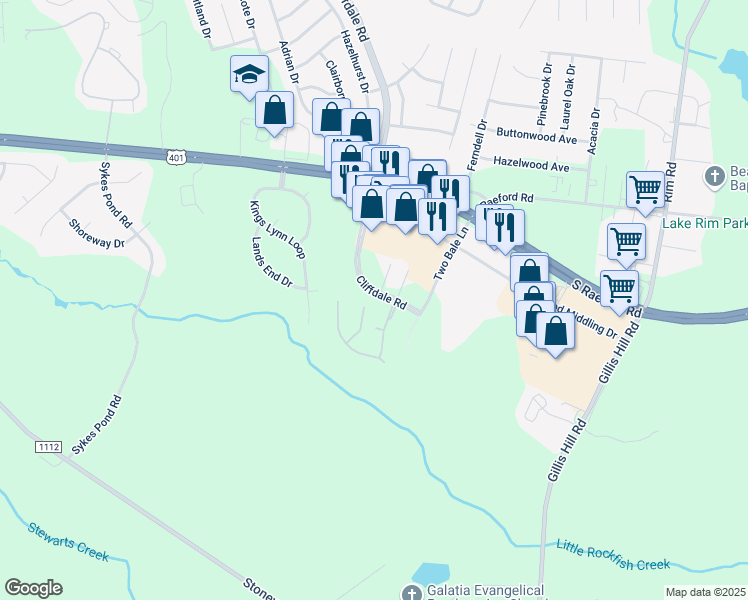 map of restaurants, bars, coffee shops, grocery stores, and more near 1705 Telluride Court in Fayetteville