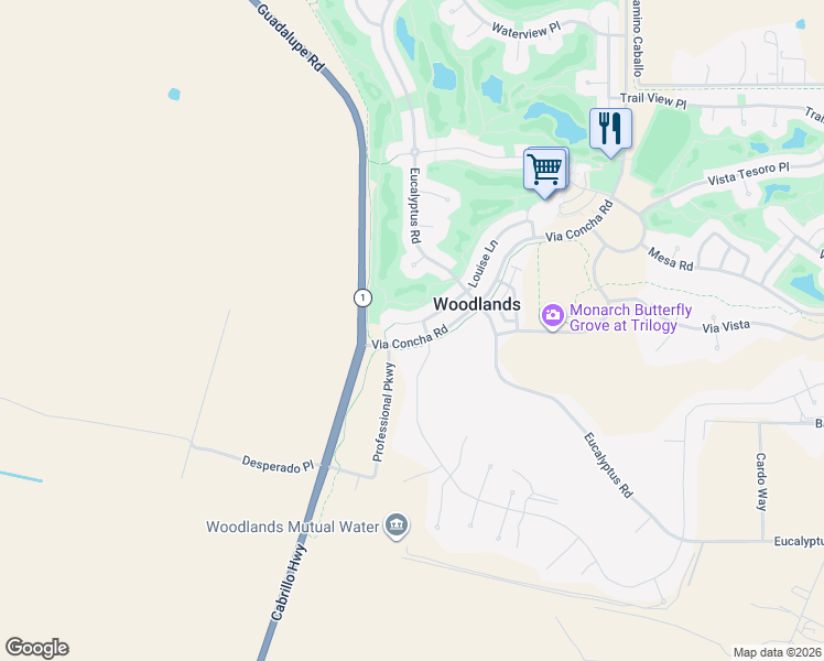 map of restaurants, bars, coffee shops, grocery stores, and more near 1801 Louise Lane in Nipomo