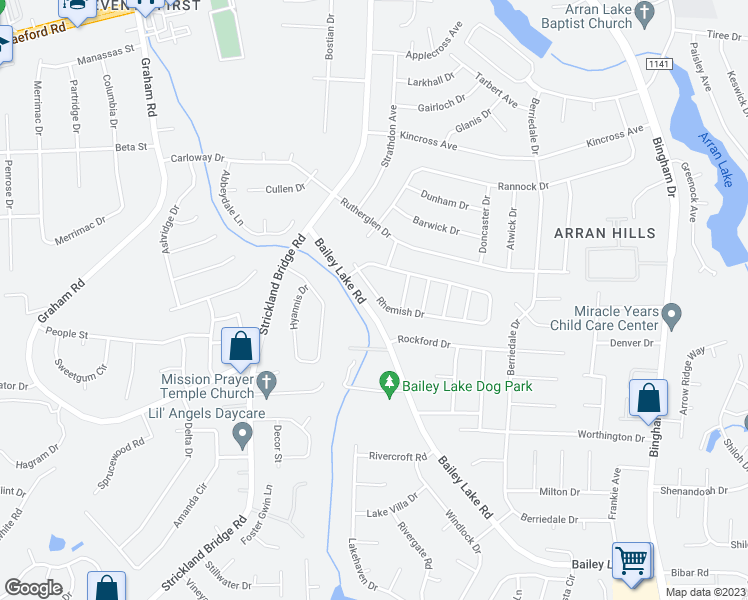 map of restaurants, bars, coffee shops, grocery stores, and more near 6531 Rhemish Drive in Fayetteville