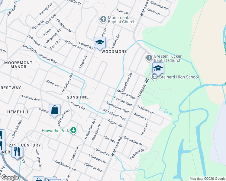 map of restaurants, bars, coffee shops, grocery stores, and more near 4704 Midland Pike in Chattanooga