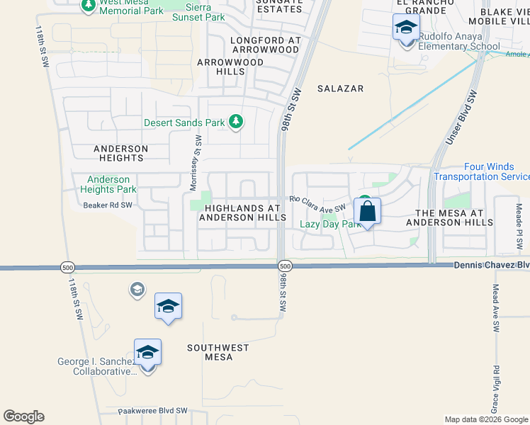 map of restaurants, bars, coffee shops, grocery stores, and more near 3132 Rio Plata Drive Southwest in Albuquerque