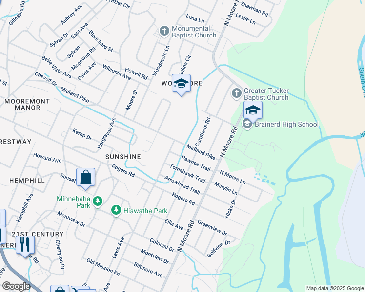 map of restaurants, bars, coffee shops, grocery stores, and more near 4719 Midland Pike in Chattanooga