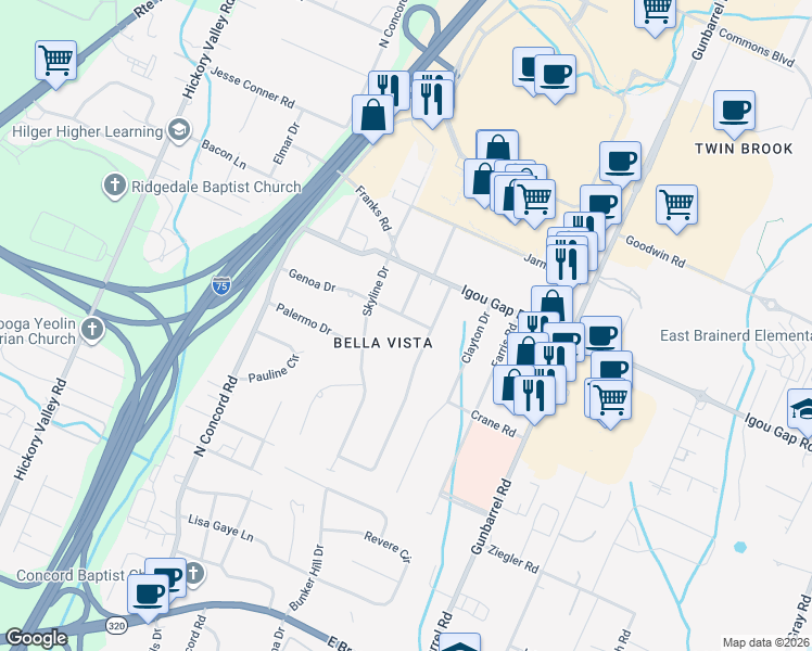 map of restaurants, bars, coffee shops, grocery stores, and more near 7105 Genoa Drive in Chattanooga