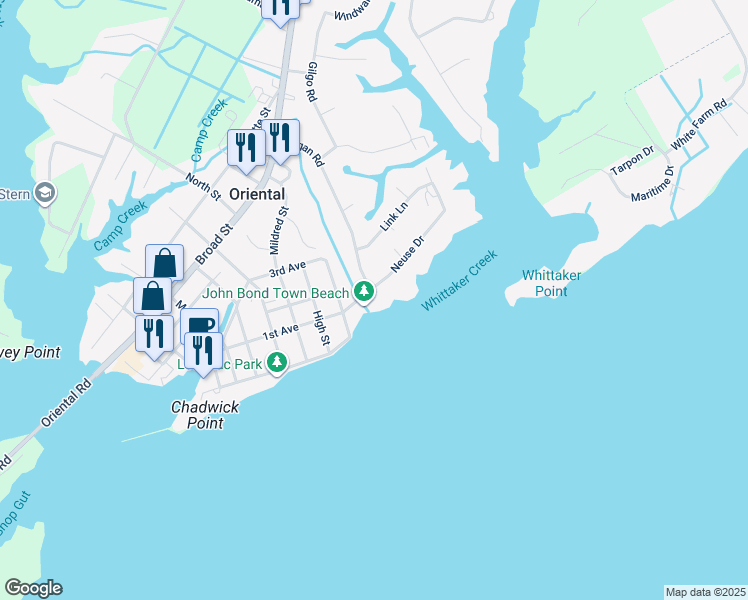 map of restaurants, bars, coffee shops, grocery stores, and more near 1006 Neuse Drive in Oriental