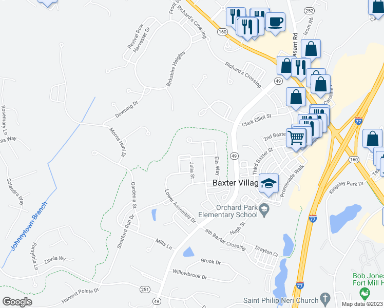 map of restaurants, bars, coffee shops, grocery stores, and more near 548 Glen Walk Drive in Fort Mill