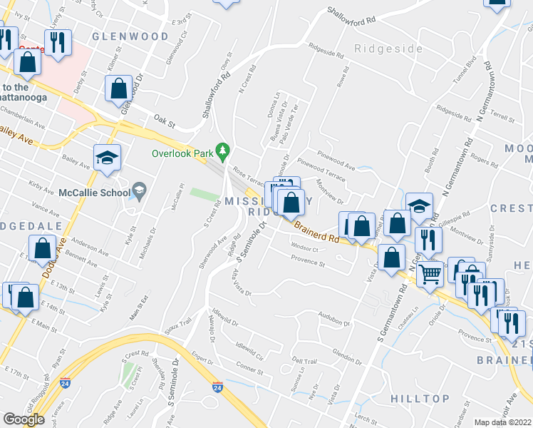 map of restaurants, bars, coffee shops, grocery stores, and more near 38 South Seminole Drive in Chattanooga