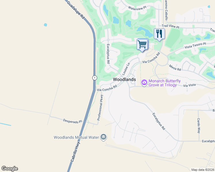 map of restaurants, bars, coffee shops, grocery stores, and more near 1801 Louise Lane in Nipomo