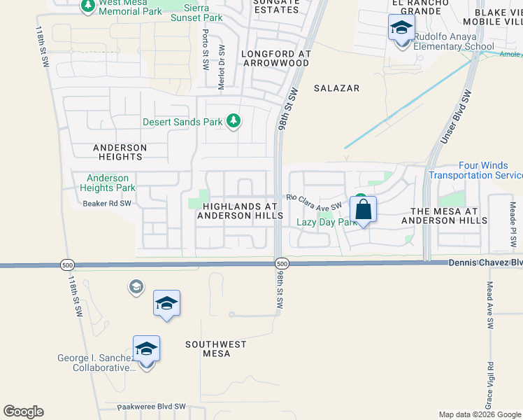 map of restaurants, bars, coffee shops, grocery stores, and more near 3132 Rio Plata Drive Southwest in Albuquerque