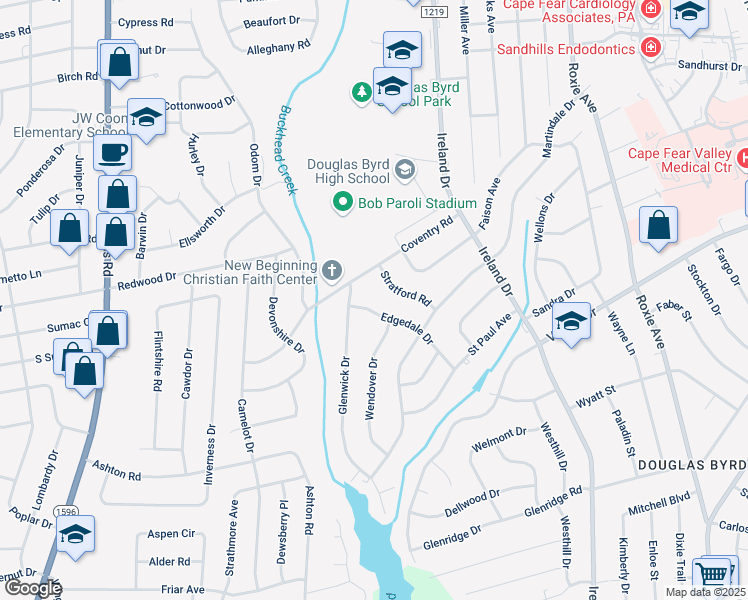 map of restaurants, bars, coffee shops, grocery stores, and more near 4307 Coventry Road in Fayetteville