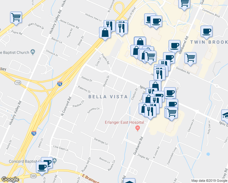 map of restaurants, bars, coffee shops, grocery stores, and more near 7105 Genoa Drive in Chattanooga