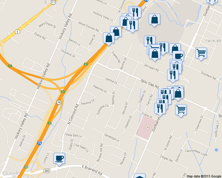 map of restaurants, bars, coffee shops, grocery stores, and more near 1819 Skyline Drive in Chattanooga