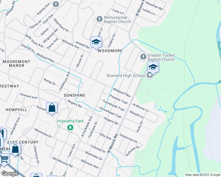 map of restaurants, bars, coffee shops, grocery stores, and more near 4719 Midland Pike in Chattanooga