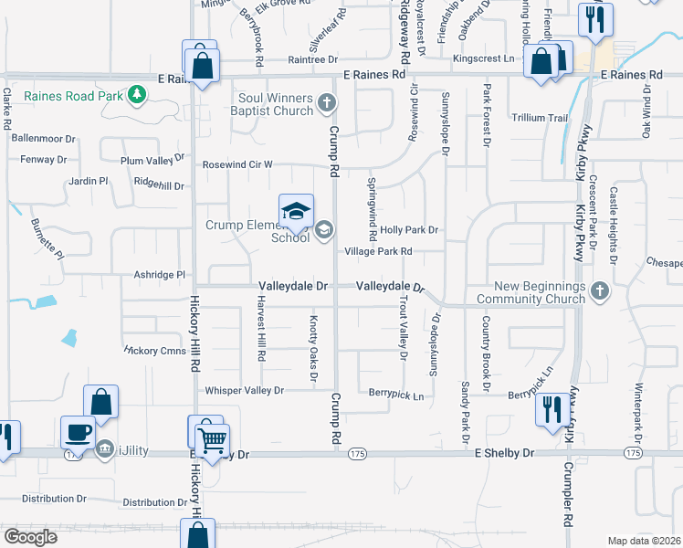 map of restaurants, bars, coffee shops, grocery stores, and more near 6131 Village Park Road in Memphis