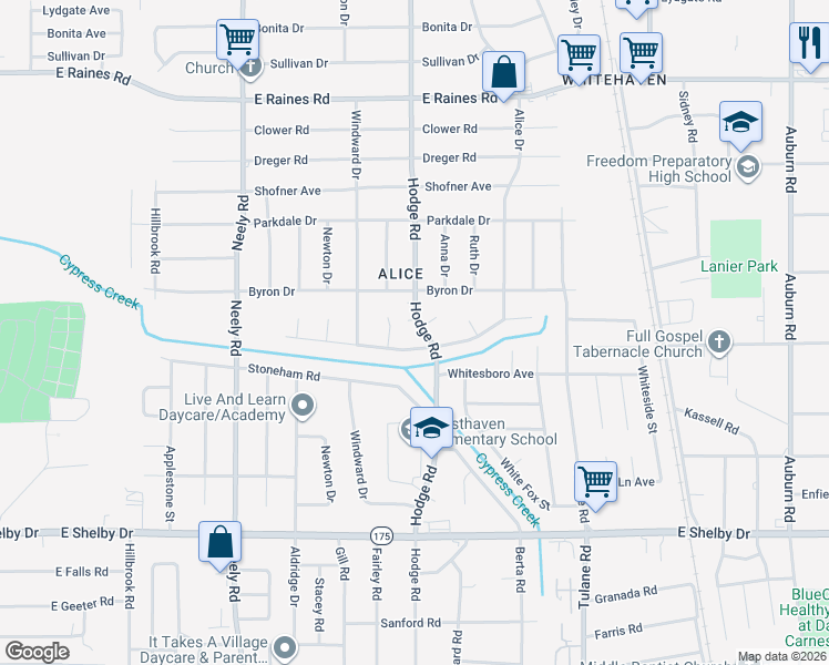 map of restaurants, bars, coffee shops, grocery stores, and more near 4413 Hodge Road in Memphis