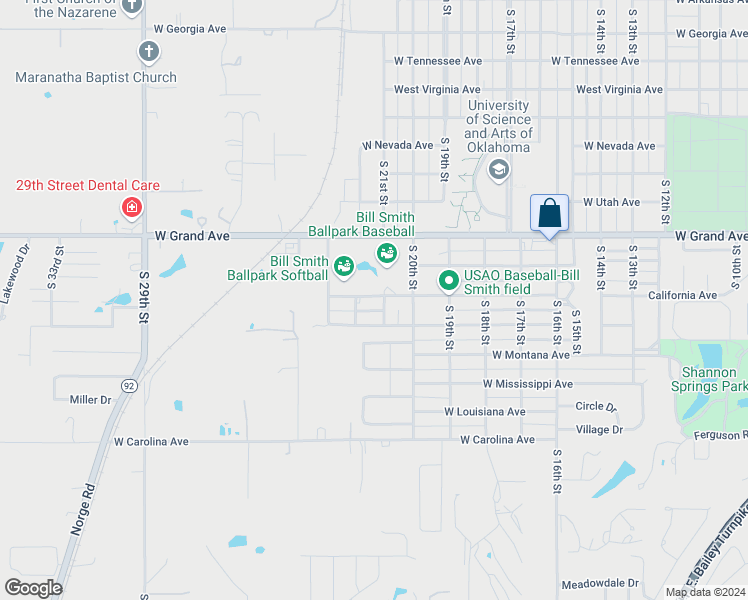 map of restaurants, bars, coffee shops, grocery stores, and more near 2113 California Avenue in Chickasha