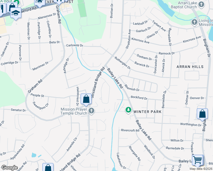map of restaurants, bars, coffee shops, grocery stores, and more near 7304 Hyannis Drive in Fayetteville
