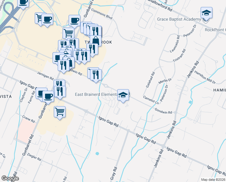 map of restaurants, bars, coffee shops, grocery stores, and more near 2094 Igou Crossing Drive in Chattanooga
