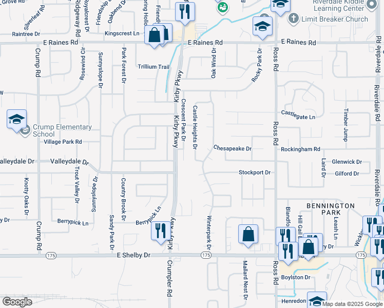 map of restaurants, bars, coffee shops, grocery stores, and more near 4441 Castle Heights Drive in Memphis