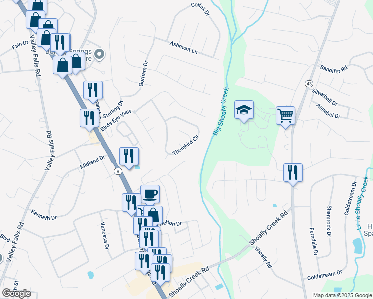 map of restaurants, bars, coffee shops, grocery stores, and more near 772 Thornbird Circle in Spartanburg