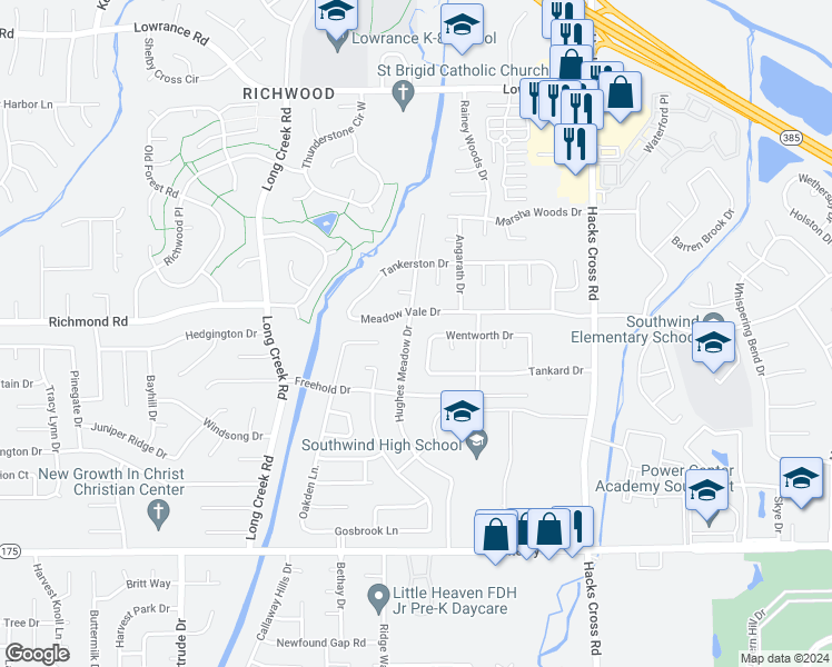 map of restaurants, bars, coffee shops, grocery stores, and more near 4438 Hughes Meadow Drive in Memphis