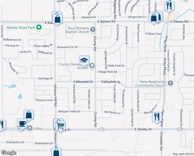 map of restaurants, bars, coffee shops, grocery stores, and more near 6131 Village Park Road in Memphis