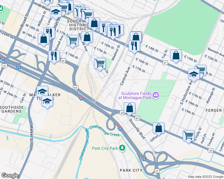 map of restaurants, bars, coffee shops, grocery stores, and more near 2100 Rossville Avenue in Chattanooga