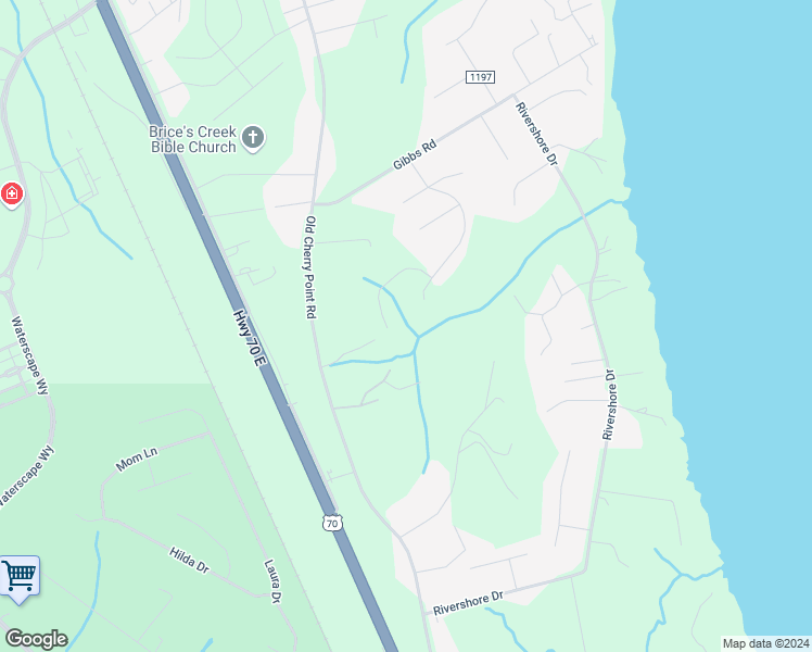 map of restaurants, bars, coffee shops, grocery stores, and more near 105 Henry Lane in New Bern