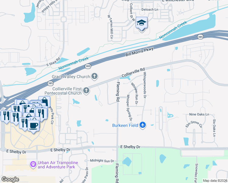 map of restaurants, bars, coffee shops, grocery stores, and more near 10651 Collierville Road in Collierville