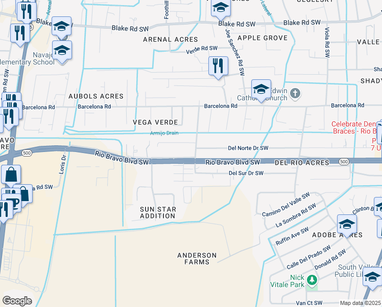 map of restaurants, bars, coffee shops, grocery stores, and more near 2716 Del Norte Drive Southwest in Albuquerque