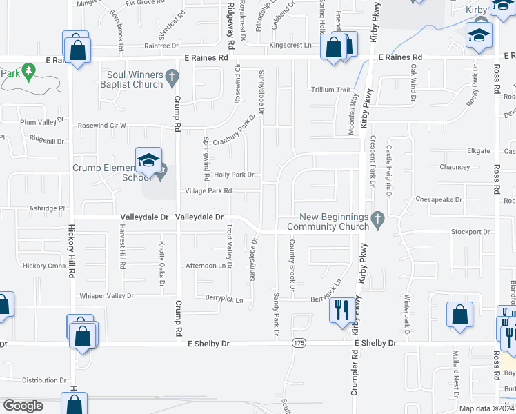 map of restaurants, bars, coffee shops, grocery stores, and more near 4439 Sunnyslope Drive in Memphis