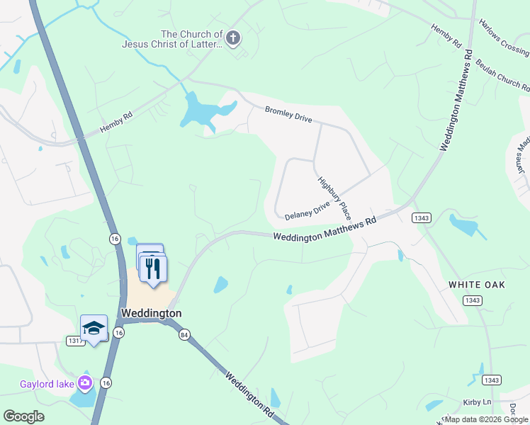 map of restaurants, bars, coffee shops, grocery stores, and more near 1238 Delaney Drive in Weddington