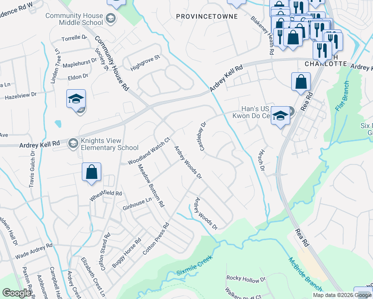 map of restaurants, bars, coffee shops, grocery stores, and more near 8751 Castlebay Drive in Charlotte