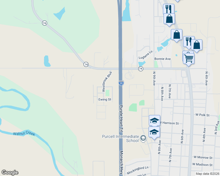 map of restaurants, bars, coffee shops, grocery stores, and more near 1107 Tuggle Street in Purcell