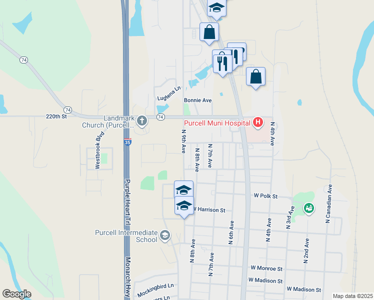 map of restaurants, bars, coffee shops, grocery stores, and more near 1200 North 9th Avenue in Purcell