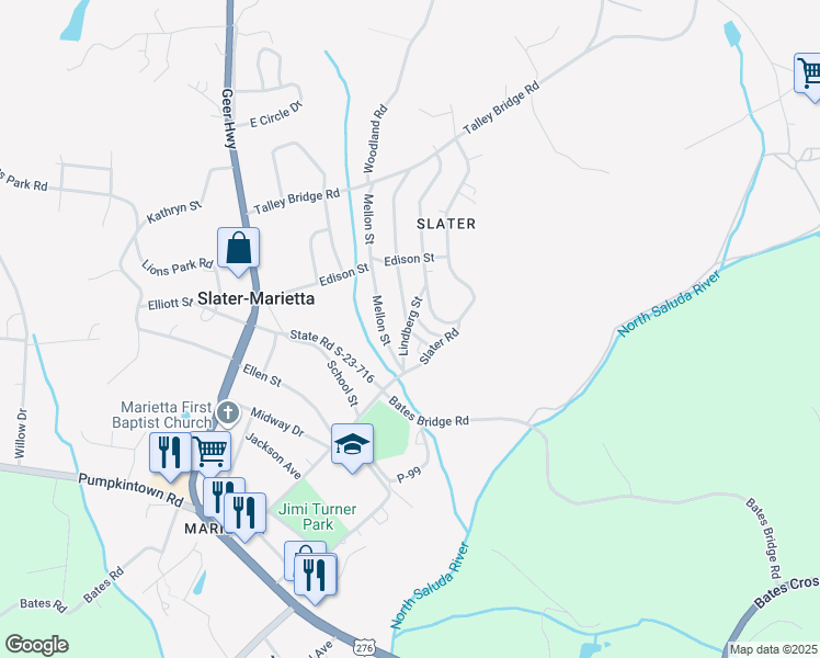 map of restaurants, bars, coffee shops, grocery stores, and more near in Slater-Marietta