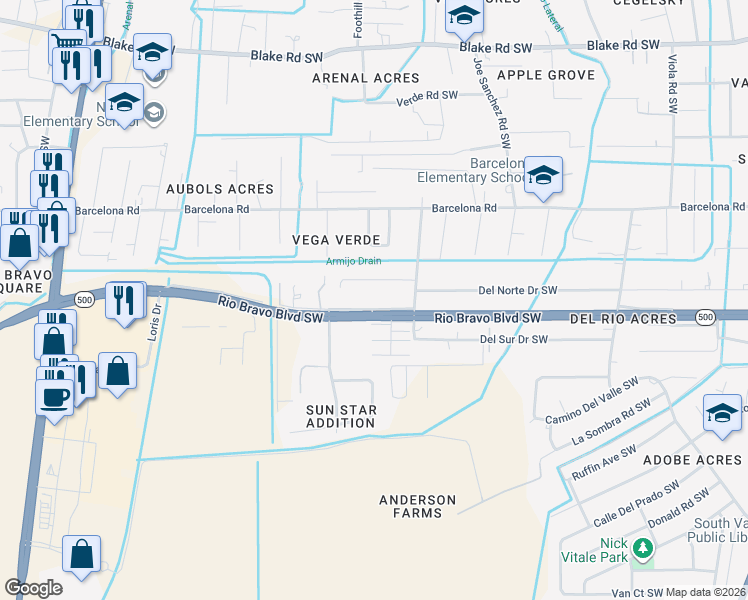 map of restaurants, bars, coffee shops, grocery stores, and more near 2764 Del Norte Drive Southwest in Albuquerque