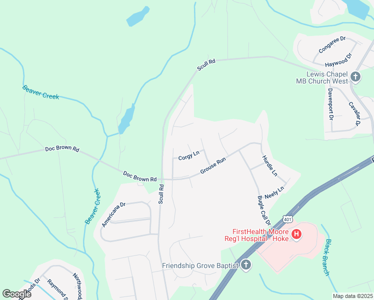 map of restaurants, bars, coffee shops, grocery stores, and more near 304 Steeplechase Lane in Raeford
