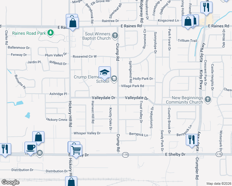 map of restaurants, bars, coffee shops, grocery stores, and more near 4405 Crump Road in Memphis