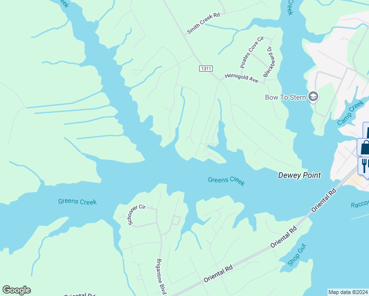 map of restaurants, bars, coffee shops, grocery stores, and more near 9224 Hart Drive in Oriental