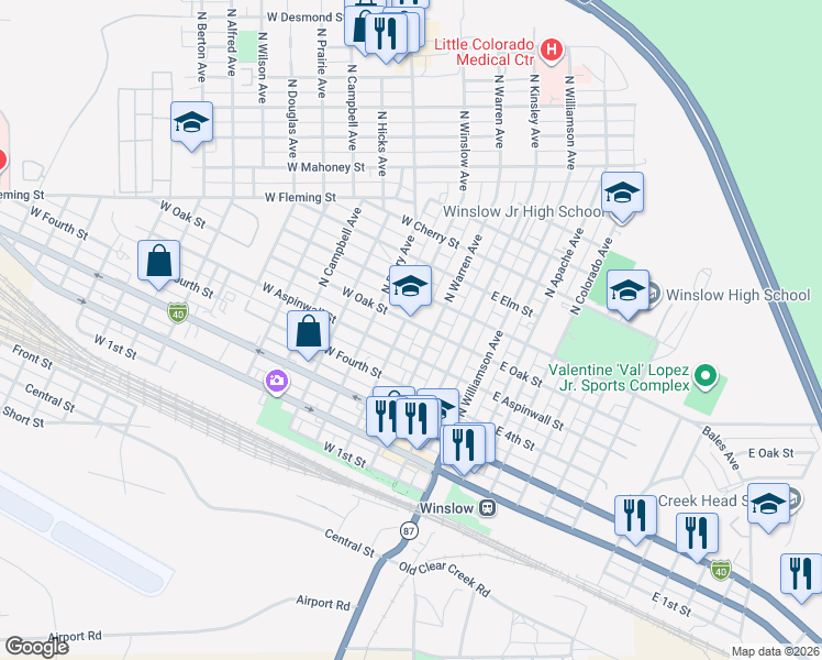 map of restaurants, bars, coffee shops, grocery stores, and more near 307 West Oak Street in Winslow