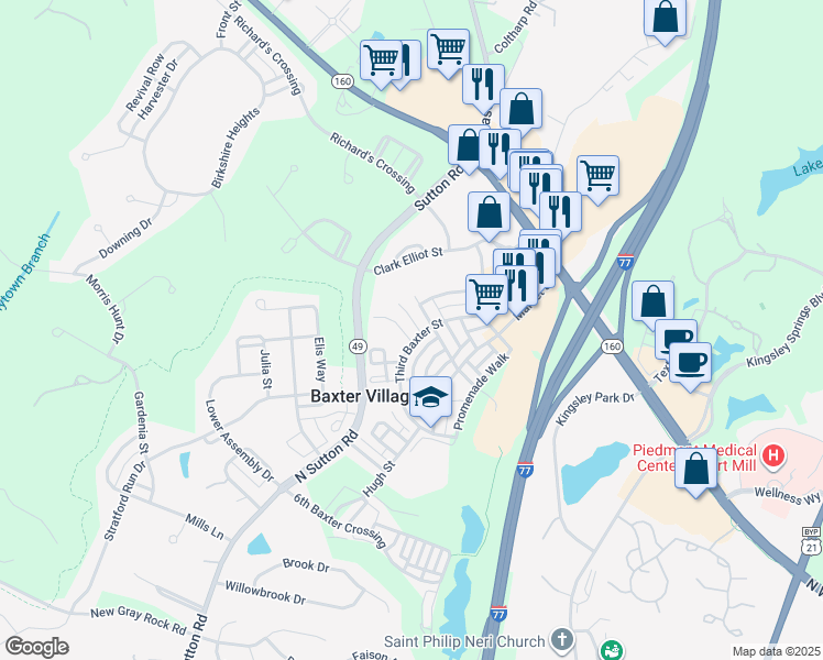 map of restaurants, bars, coffee shops, grocery stores, and more near 721 Shady Grove Crossing in Fort Mill
