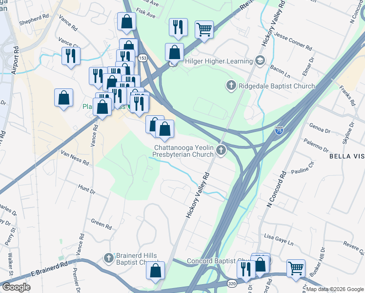 map of restaurants, bars, coffee shops, grocery stores, and more near 6631 Hickory Trace Circle in Chattanooga