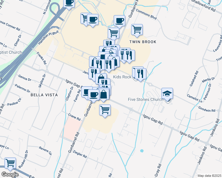 map of restaurants, bars, coffee shops, grocery stores, and more near 1914 Gunbarrel Road in Chattanooga