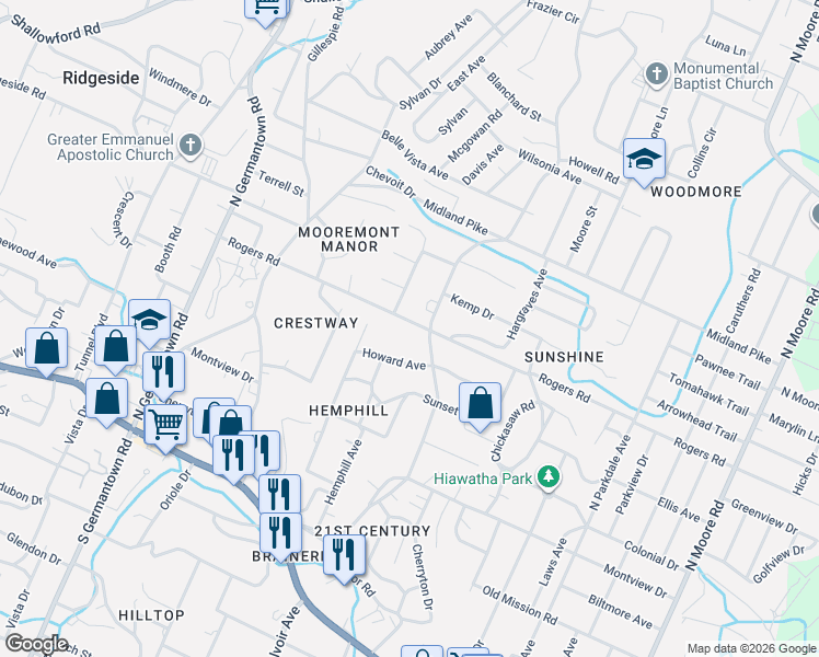 map of restaurants, bars, coffee shops, grocery stores, and more near 4001 Rogers Road in Chattanooga