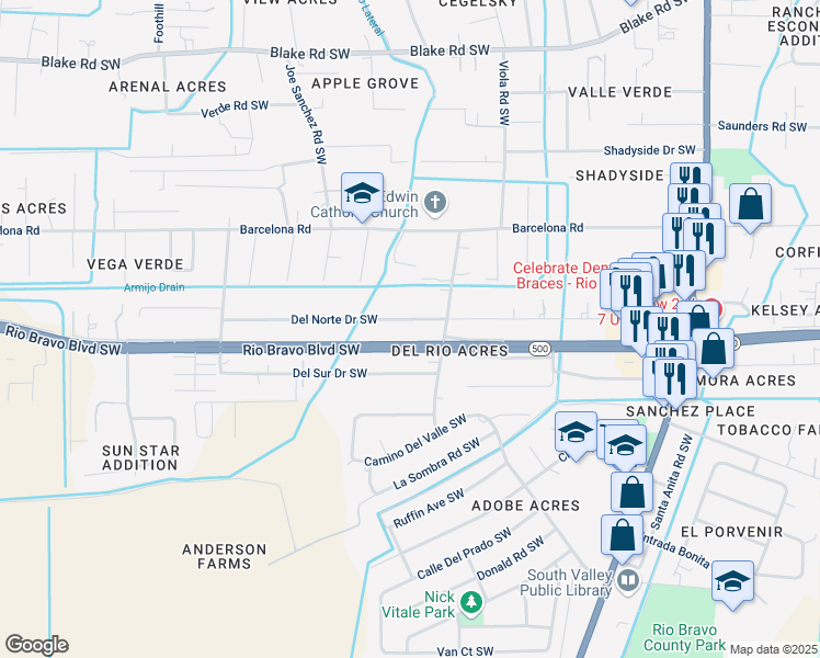 map of restaurants, bars, coffee shops, grocery stores, and more near 2421 Del Norte Drive Southwest in Albuquerque