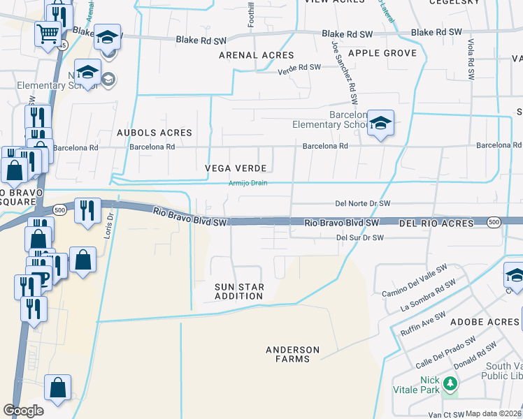 map of restaurants, bars, coffee shops, grocery stores, and more near 2764 Del Norte Drive Southwest in Albuquerque