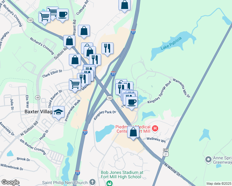 map of restaurants, bars, coffee shops, grocery stores, and more near Highway 160 in Fort Mill