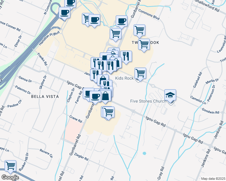 map of restaurants, bars, coffee shops, grocery stores, and more near 1914 Gunbarrel Road in Chattanooga